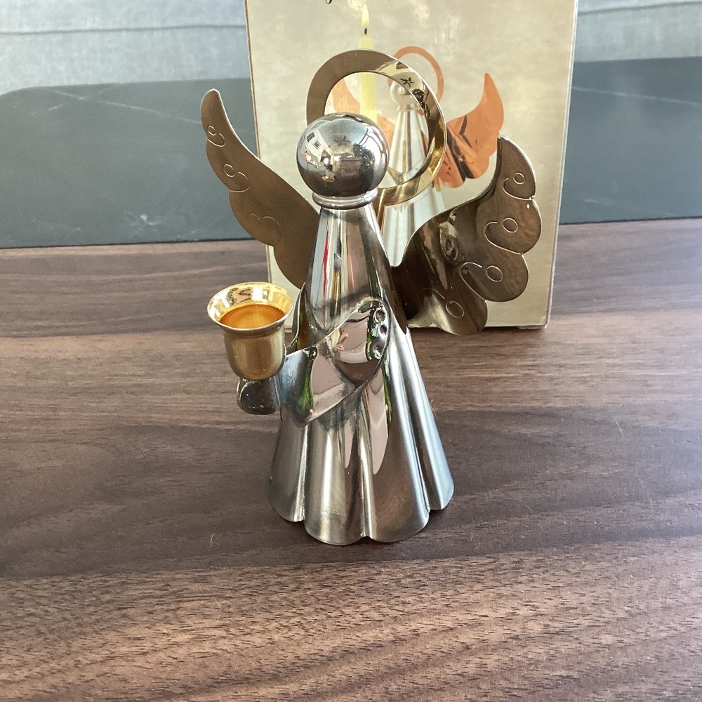 Vtg SILVER/GOLD-PLATED Brass Angel Candle Holder in Box Christmas Scandinavian
